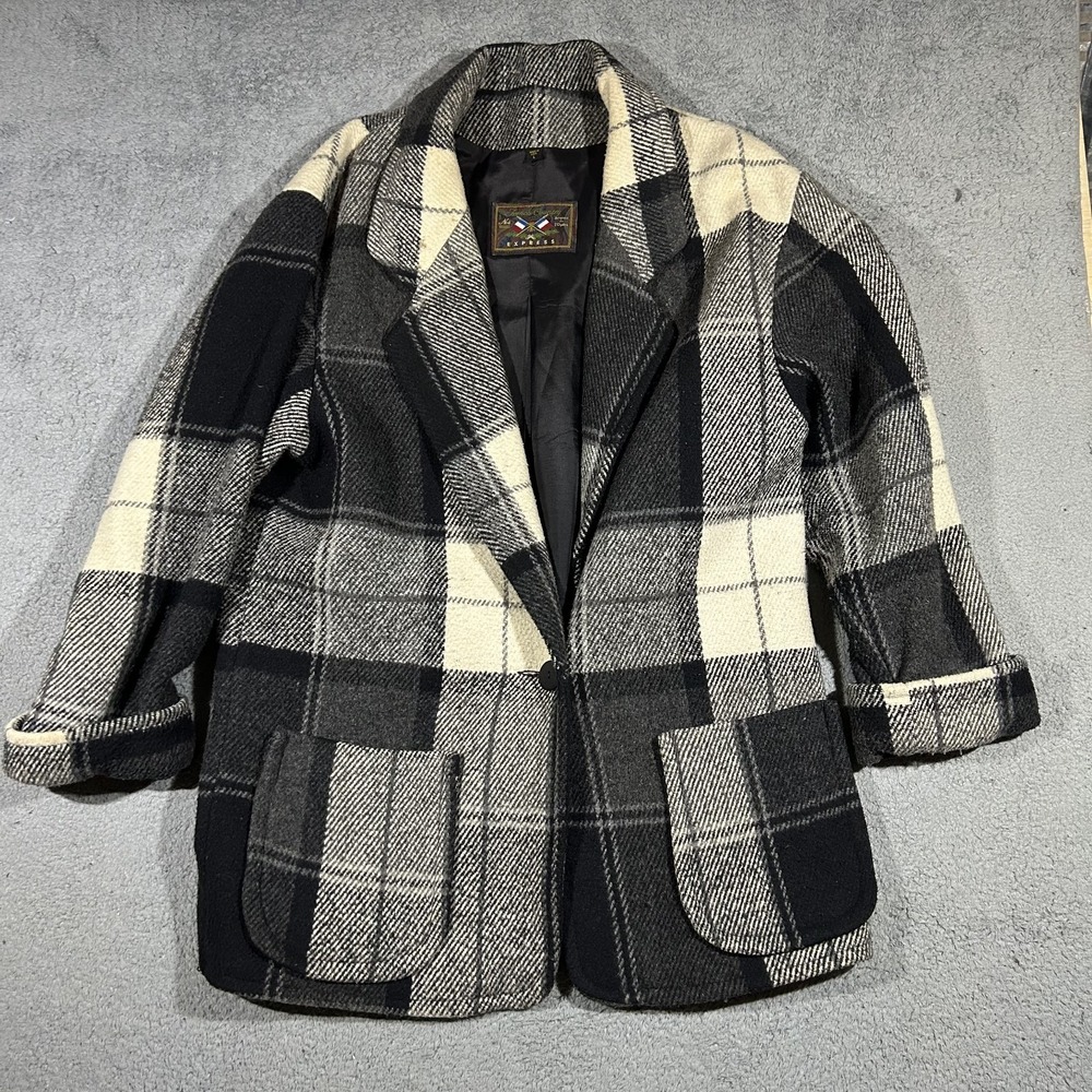 Vtg French Country Express Wool Blend Black Plaid Coat Womens Size Large